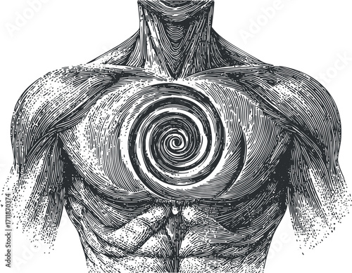 Illustration of a muscular torso featuring a spiral design in the chest area.