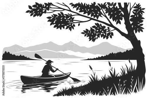Silhouette of a person kayaking on a serene lake with mountains in the background.