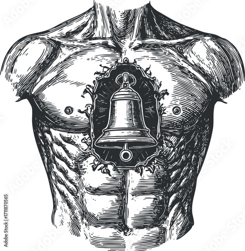 A detailed illustration of a human chest featuring a bell symbolizing strength and inner peace.
