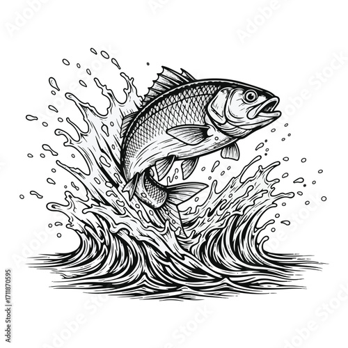 Fish jumping out of water. Vector illustration in black and white colors.