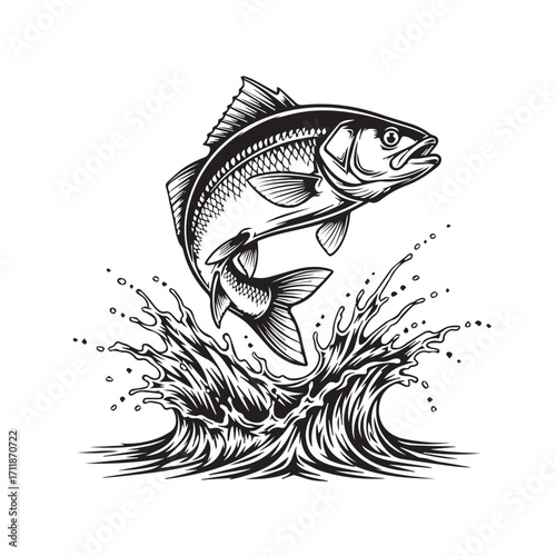 Fish jumping out of water. Vector illustration in black and white colors.