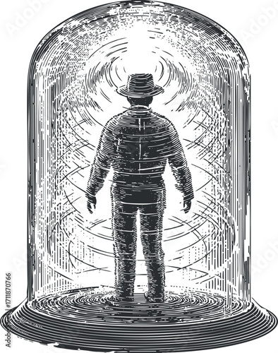 A surreal illustration of a man standing inside a light-filled dome representing isolation and contemplation.