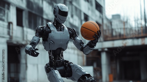 A robot holding a basketball in a natural environment in the city