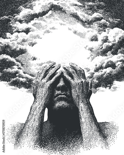 A powerful illustration depicting a figure holding their head in despair amidst dark clouds.