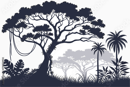 Silhouette of lush jungle trees and tropical foliage.