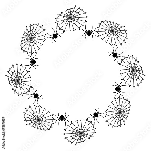 Logo con marco con telas de araña y arañas para felicitaciones y tarjetas de Halloween	