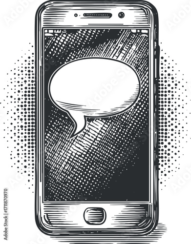 Illustration of a smartphone with a speech bubble representing text communication and messaging