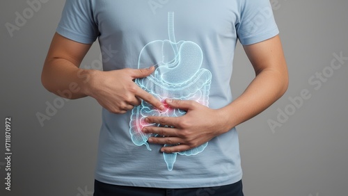 A man pointing to glowing digestive system overlay on abdomen symbolizing constipation, constipation relief, laxatives concept