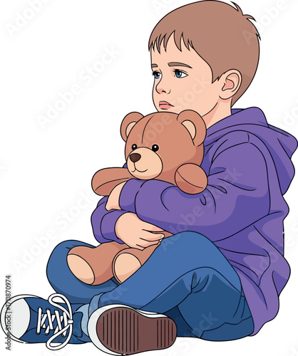 Sad young boy hugging a teddy bear, feeling lonely and thoughtful