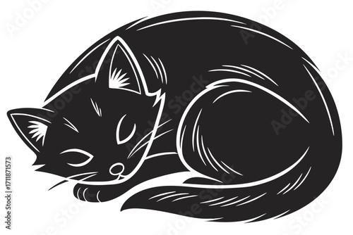 Stylized Black Cat Sleeping Curled Up.