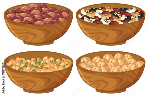 Assorted Beans and Legumes in Wooden Bowls Vector