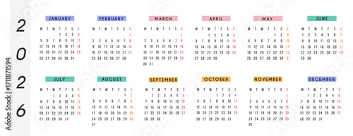 2026 horizontal yearly calendar with colorful modern month headers. Printable wall or desk planner for home, work, school, and productivity. Clean minimal typography, full year design. Vector.