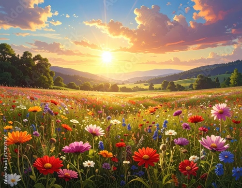 A vibrant meadow filled with wildflowers bursts into colorful life under a radiant sunset.