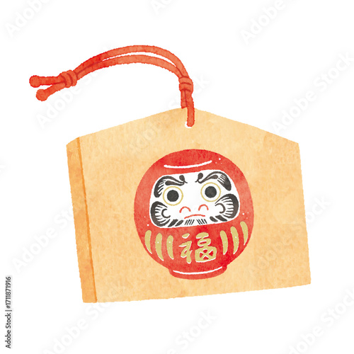 達磨が描かれた絵馬のイラスト｜Japanese Ema with Daruma Design