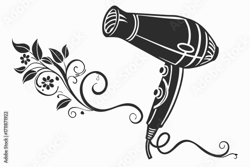 Stylized Hair Dryer with Floral Swirls.
