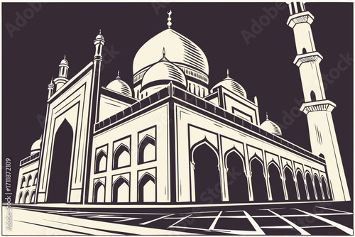 Stylized Islamic Mosque Architecture with Minaret and Domes.