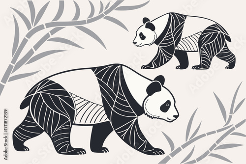 Stylized Pandas and Bamboo Forest Illustration.