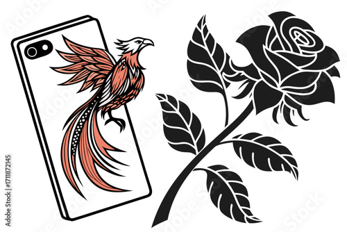 Stylized Phoenix on Phone Case Beside Rose.