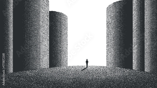 A solitary figure stands amidst towering abstract cylindrical structures in a minimalist landscape.
