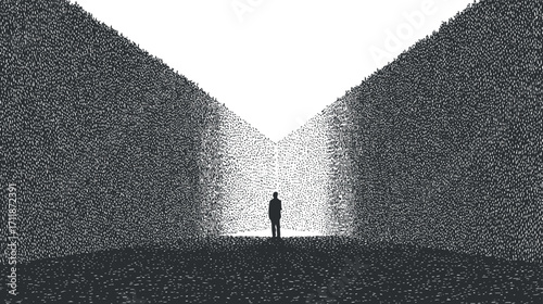 A silhouette of a person standing at the end of a light-filled path in darkness.