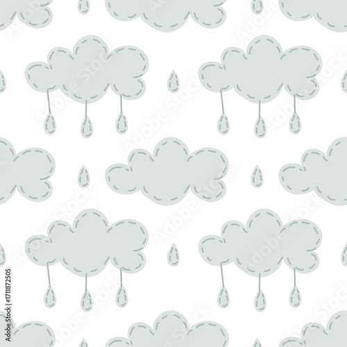 Pattern soft pillow in shape of a cloud with drops. Handmade nature theme. Flat color seamless texture. Cute decor in children's room. Love, comfort, care children. Packaging for children's products