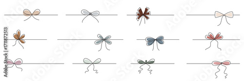 Hand drawn girly coquette bow ribbons set. Editable stroke line. Vector stock illustration isolated on white background for design template birthday, wedding, Christmas card, invitation, sale banner
