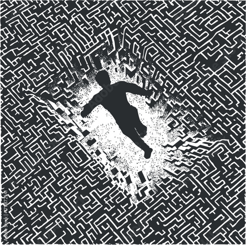 A silhouette figure appears to escape from a complex maze design symbolizing freedom and exploration.