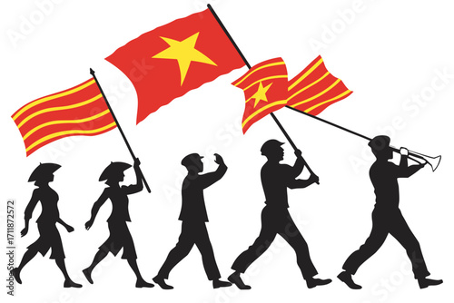 Vietnamese Flag Marching Silhouette with Trumpeter.