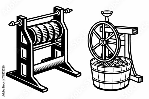 Vintage Fruit Press and Roller Machine Illustration.