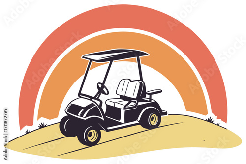Vintage Golf Cart Under Sunset Rainbow.