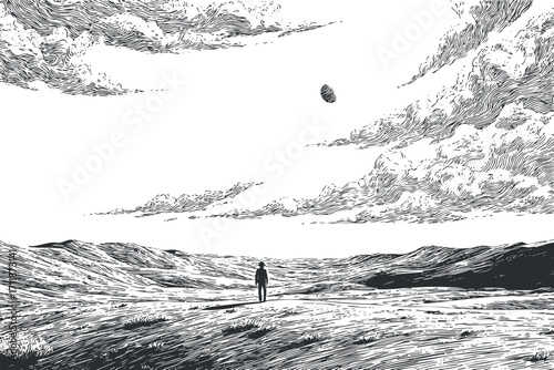 A solitary figure stands in a vast landscape under a dramatic sky filled with clouds.