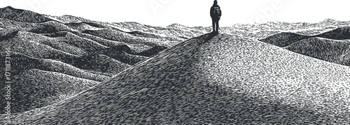 A minimalist black and white illustration of a person standing on a mountain peak.