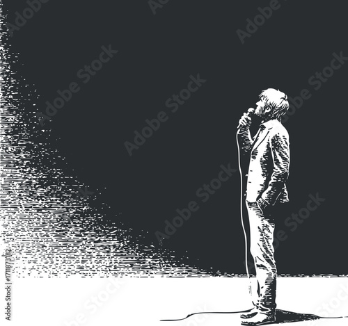 A silhouetted singer passionately performing with a microphone against a dramatic black and white background.