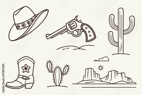 Western Cowboy Elements Collection Line Art.