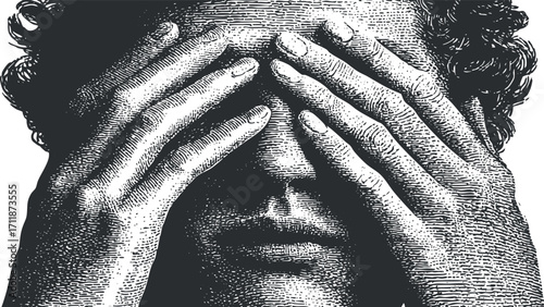 A vintage illustration of a person covering their face with hands expressing emotion and stress.