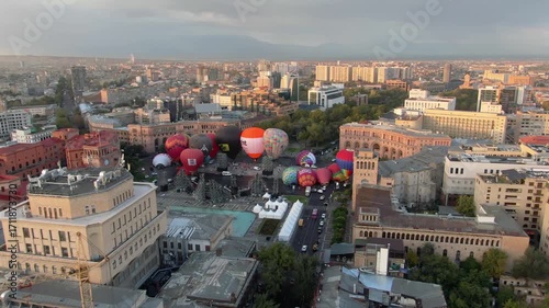  12.10.2024 Yerevan Armenia Flying balloons in the sky. Drone view balloons flying over Yerevan. Tour flight. Touristic days. Discovery Armenia, Caucasus.