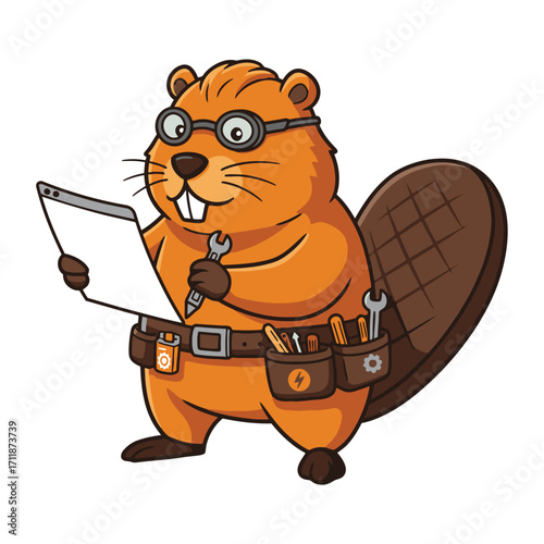 Beaver product designer mascot with tool belt of UI icons in flat geometric vector style isolated