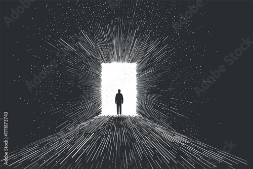 A silhouette of a man standing at the entrance of a bright doorway surrounded by dynamic light rays.