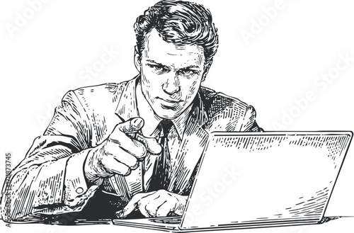 A determined businessman pointing at the viewer while working on a laptop in an office setting.
