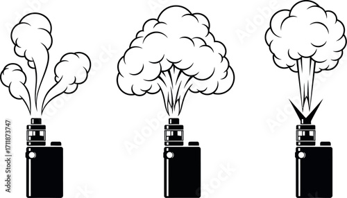 Vaporizer devices emitting clouds of steam in a stylistic illustration