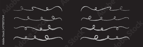 Chalk or crayon hand drawn flourish set. Vector stock illustration isolated on black background for design template post, invitation, wedding, valentine day or Birthday decoration.
