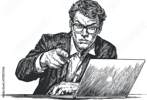 A businessman pointing at a laptop screen, expressing frustration in a modern office setting.