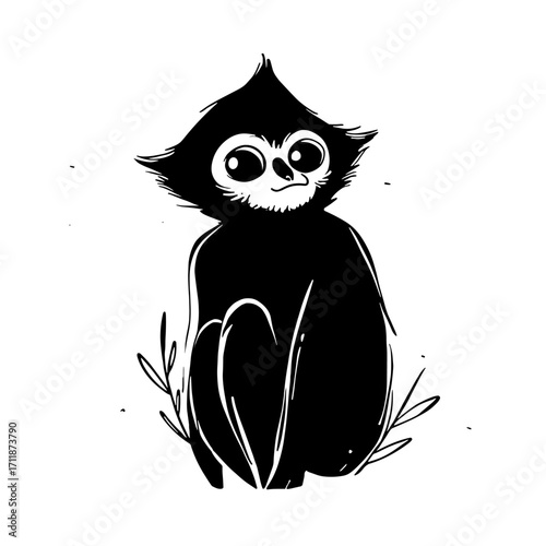 Gibbon. Gibbon simple black and white line art vector logo