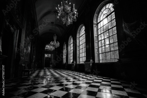 dark gothic hallway with tall arched windows crystal chandeliers and black white checkered marble floor mysterious interior concept of architecture magazine film production visual design