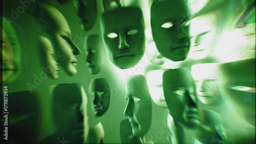 Lots of spinning theatre masks with dramatic light and shadow in stylised green night vision style with glitch TV noise.