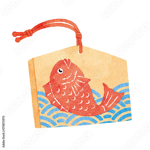 鯛が描かれためでたい絵馬のイラスト｜Japanese Ema with Sea Bream Design