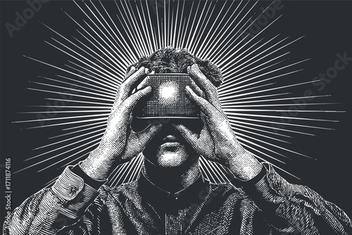 A detailed illustration of a person experiencing virtual reality with a headset and radiant background.