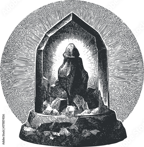 A vintage illustration of a crystal mineral with rays of light emanating from behind it.