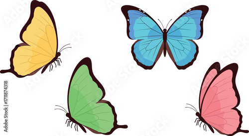 Four colorful butterflies fluttering in a white space, representing nature's delicate beauty.