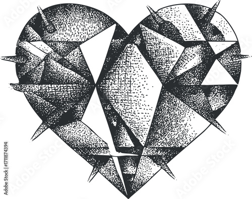 A striking black and white illustration of a spiky heart with geometric shapes.